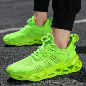 Men's neon green breathable mesh running sneakers with shock-absorbing hollow soles