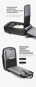 Detail of laptop backpack showing 180 degree main compartment and digital device storage