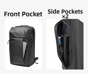 Detail of waterproof black business backpack with front storage and side laptop pocket
