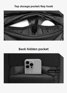 Detailed view of anti-theft hidden back pocket and luggage strap on black business backpack