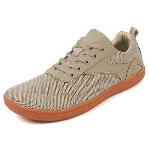 Men's breathable mesh barefoot shoes in khaki beige with orange rubber sole