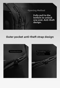Detail of backpack with anti-theft zipper system and lockable webbing for safe storage