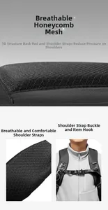 Breathable honeycomb mesh back padding and ergonomic straps on black business backpack