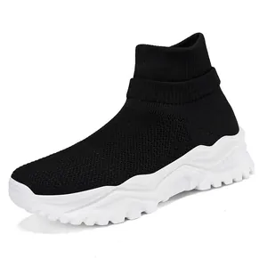Men's black knit slip-on sneakers with breathable mesh and white thick sole