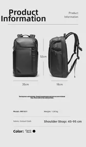 Detailed size specifications for a black business laptop backpack showing measurements