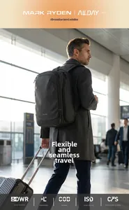 Close-up of a waterproof black business backpack with functional anti-theft lock detail