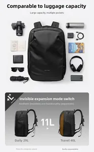 Detailed view of black waterproof backpack showing its 29L to 40L expandable capacity
