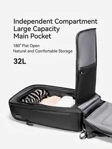 Black 32L business travel backpack with 180-degree flat opening and waterproof material