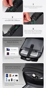 Detail view of anti-theft lock and large digital storage for 17.3 inch laptop bag