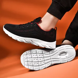 Men's lightweight breathable knit running shoes with non-slip sole and red accents