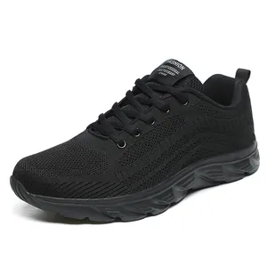 Men's lightweight breathable mesh running shoes in all-black design with soft rubber sole