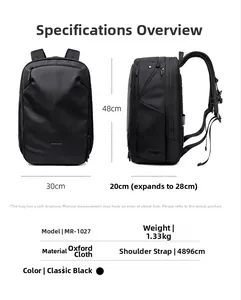 Detailed size chart for black Oxford fabric backpack MR-1027 showing dimensions and weight