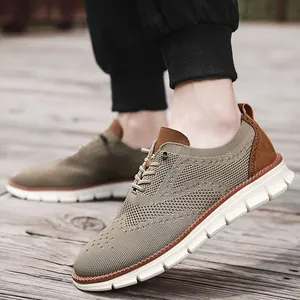 Men's khaki knit wingtip loafers with breathable mesh and thick white flexible soles