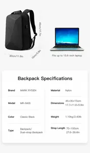 Detalle de dimensiones y especificaciones de la mochila impermeable para laptop 15,6"