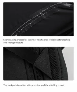 Detalle de costuras selladas impermeables en la funda y malla transpirable de mochila