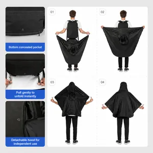 Waterproof black laptop backpack for men with integrated detachable rain poncho cover
