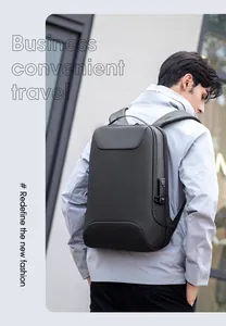 Business laptop backpack with integrated TSA lock and side charging port detail