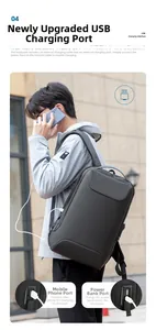 Detail of the business backpack showing the integrated USB charging port and cable