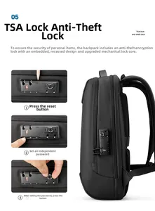 Detail of integrated TSA anti-theft lock on black business backpack with reset mechanism