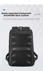 Ergonomic breathable honeycomb mesh back padding and hidden pocket on black laptop backpack