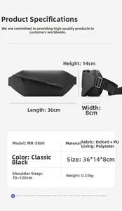 Detailed size chart and dimensions of the black water-resistant oxford crossbody bag