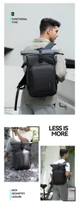 Close-up of waterproof hardshell camera backpack with roll-top closure for outdoor photography