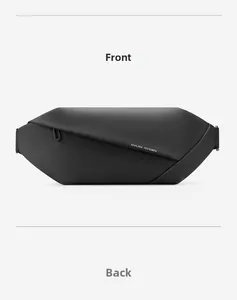 Detailed front and back view of a black geometric chest bag in waterproof matte fabric