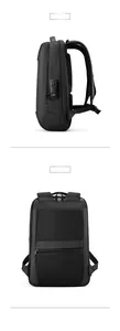 Side and back view of anti-theft business backpack showing TSA lock and luggage strap