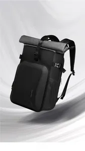 Waterproof roll-top camera backpack with hard shell protection and side mesh pocket