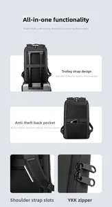 Detail view of anti-theft back pocket, YKK zippers, and shoulder strap card slot feature