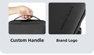 Detail of the reinforced handle and Mark Ryden brand logo on a black business backpack