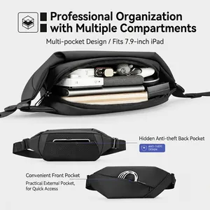 Waterproof black crossbody chest bag with multi-pocket design for 7.9-inch iPad storage