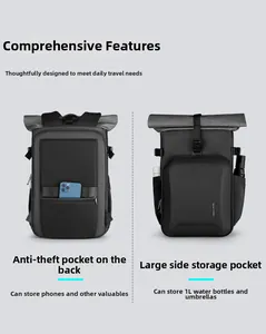 Detail view of anti-theft back pocket and expandable side storage for 1L bottle on backpack