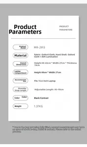 Detailed product specifications for the MR-2913 camera backpack with 15.6 inch laptop compartment
