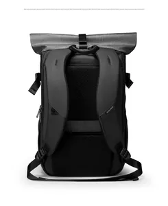 Waterproof roll-top camera backpack featuring breathable mesh back panel and padded straps