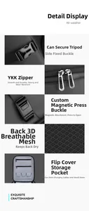 Detail view of water-resistant camera backpack with YKK zippers and magnetic buckle