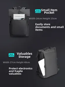 Vue détaillée des compartiments du sac à dos urbain avec dimensions de 24x25cm et 27x40cm