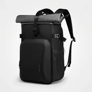 Waterproof roll-top DSLR camera backpack with hard shell front pocket and durable straps