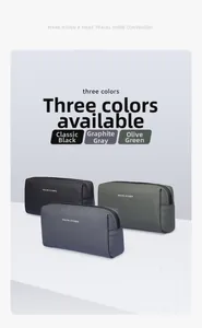 Detailed view of Mark Ryden travel toiletry bags in black, grey, and olive green colors