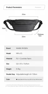 Detailed technical specifications and dimensions of the black waterproof crossbody chest bag