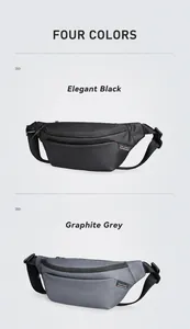 Detail view of water-resistant sport waist bags in elegant black and graphite grey finishes