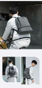 Detail of grey lightweight casual backpack with waterproof bottom compartment and cycling use