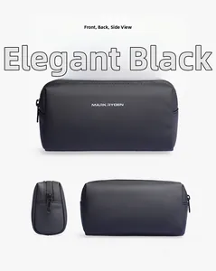 Three-angle views showing elegant black travel pouch with waterproof honeycomb texture