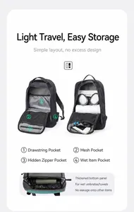 Detailed view of black backpack interior with waterproof wet pocket and elastic mesh organizers