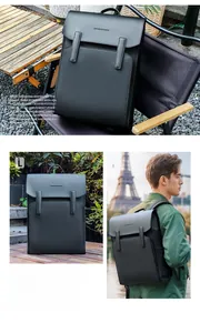 Detailed view of Mark Ryden black waterproof urban backpack with flap closure and logo