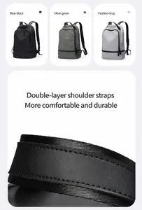 Detail view of reinforced double-layer shoulder straps on the nylon travel backpack