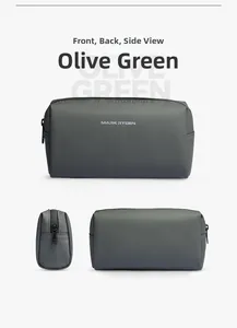 Olive green travel toiletry bag shown from multiple angles with a water-resistant texture