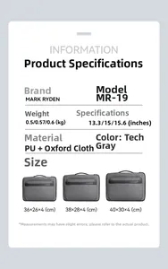 Size chart showing 13.3, 15, and 15.6 inch laptop bag dimensions and weight specs
