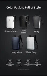 Detail view of five hard shell laptop backpacks with TSA lock and USB charging port