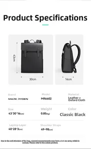 Detailed size guide for Mark Ryden black oxford laptop backpack showing full dimensions